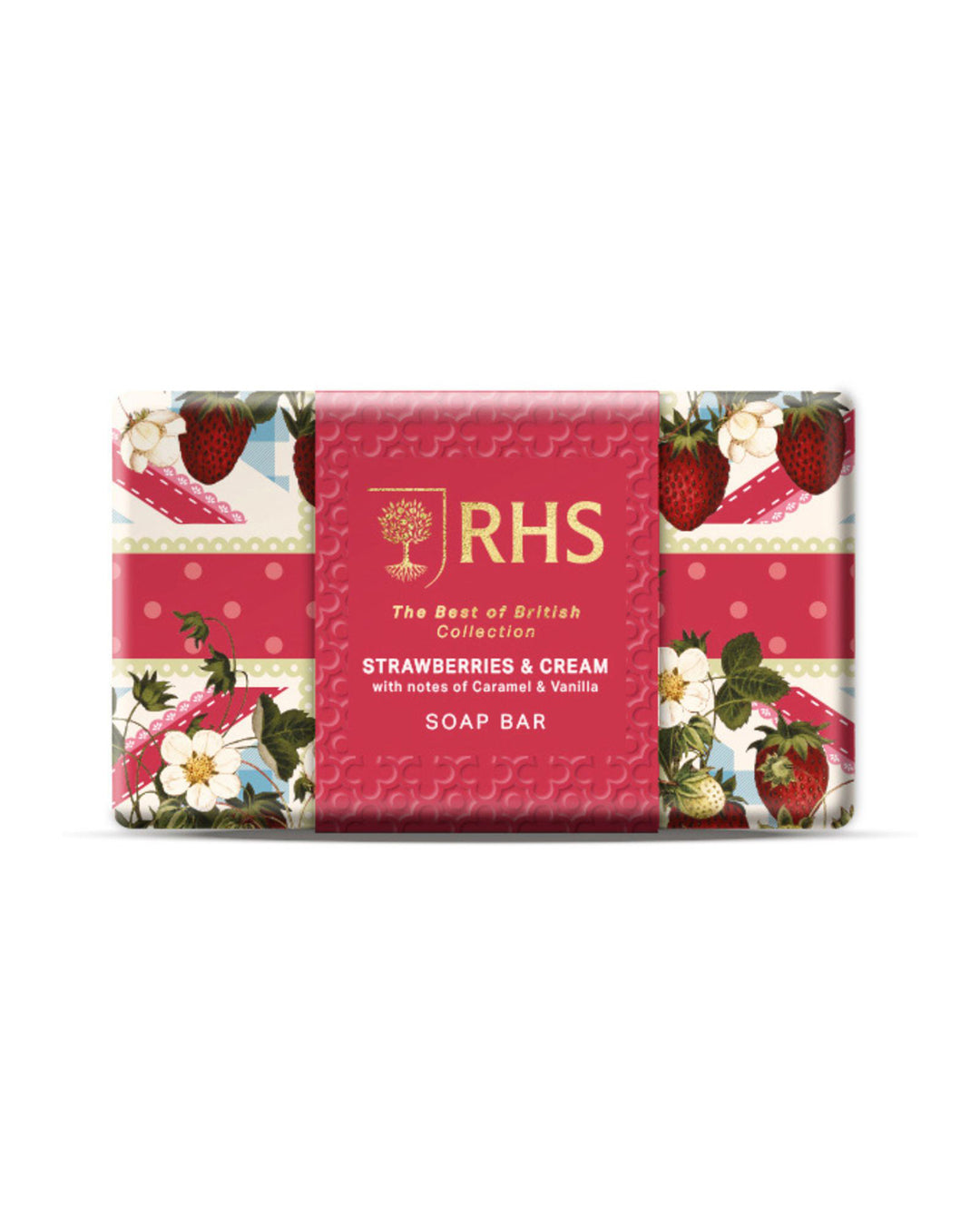 Soap bar with 'RHS' branding and strawberry design on a white background