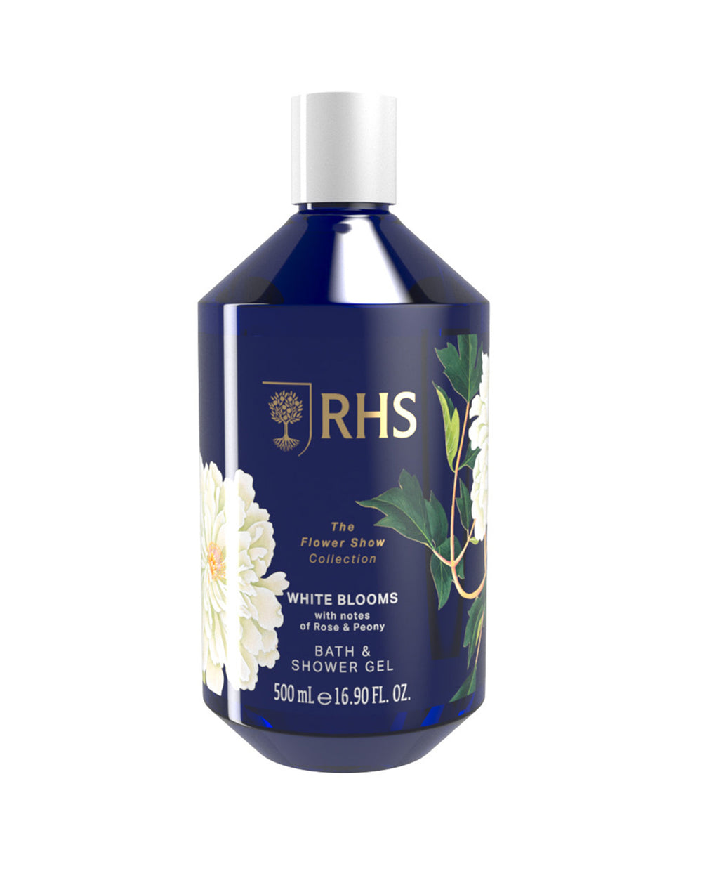 RHS bath and shower gel bottle with floral design on a white background