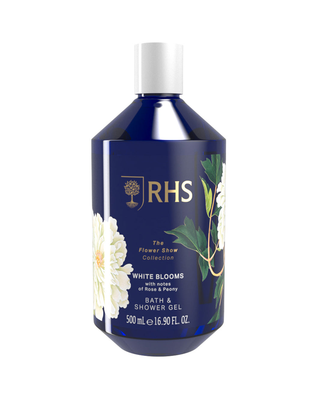 RHS bath and shower gel bottle with floral design on a white background