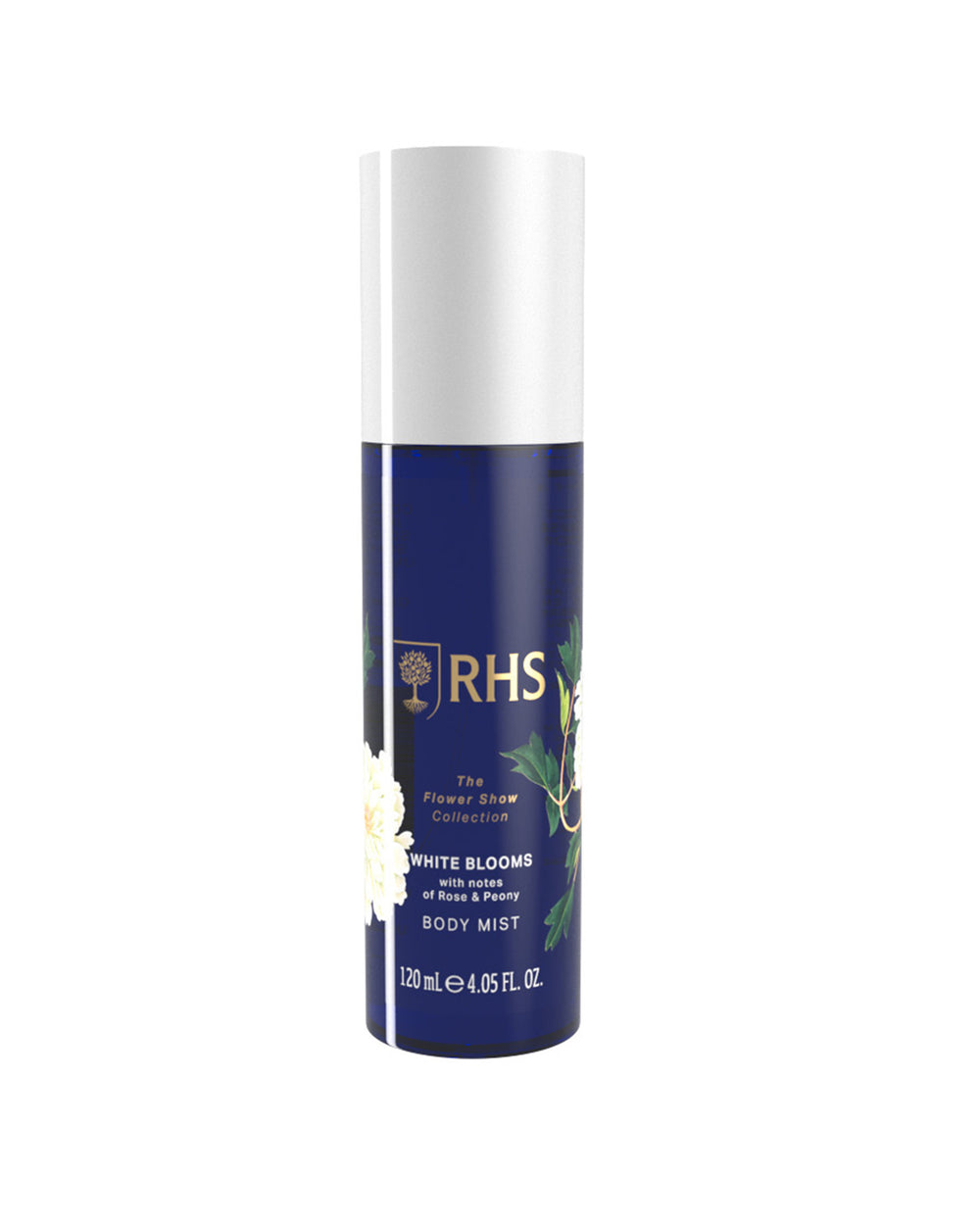 RHS body mist bottle with white cap on a white background