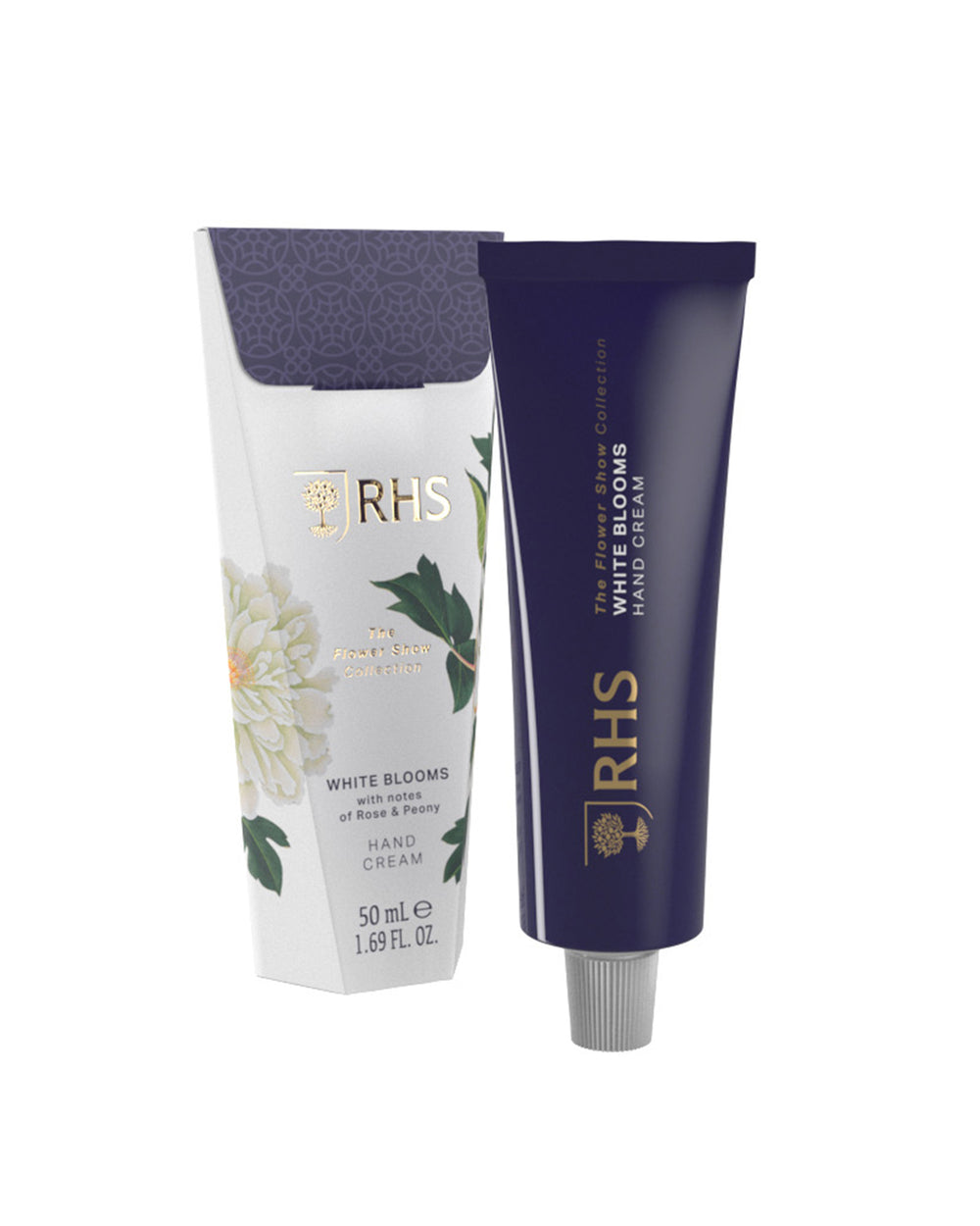 RHS White Blooms hand cream packaging on a white background