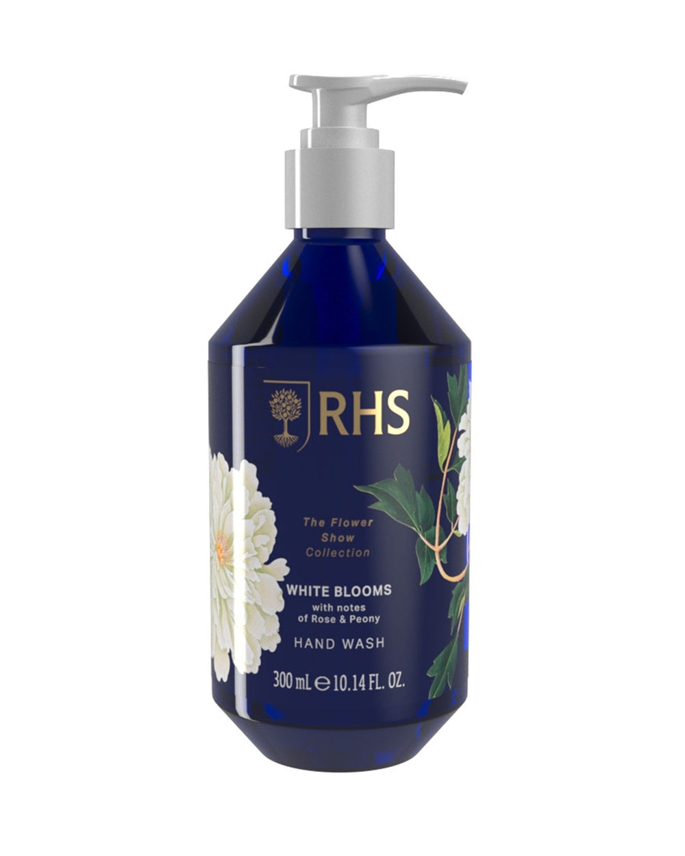 Blue bottle of RHS hand wash with pump on a white background