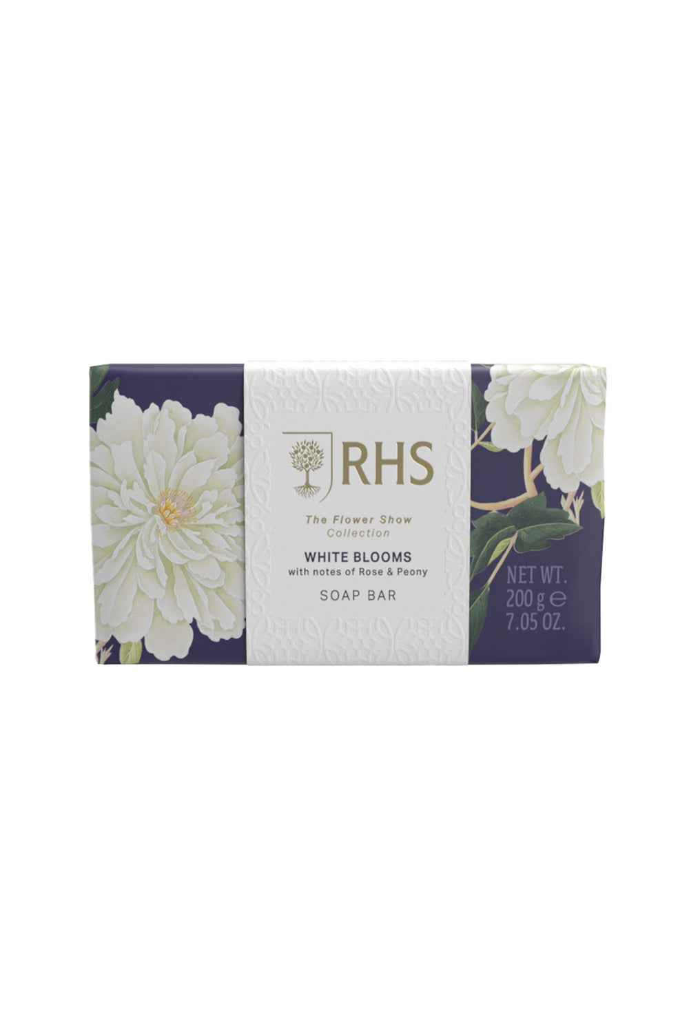 Soap bar packaging with RHS logo and floral design on a white background