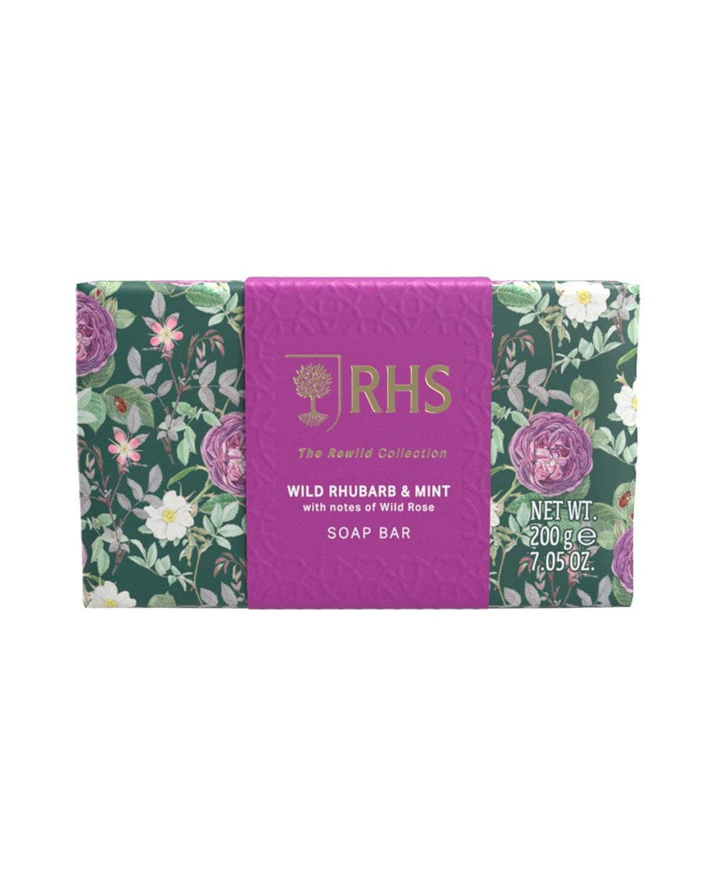 Soap bar with a pink packaging featuring floral designs and 'RHS' branding on a white background.