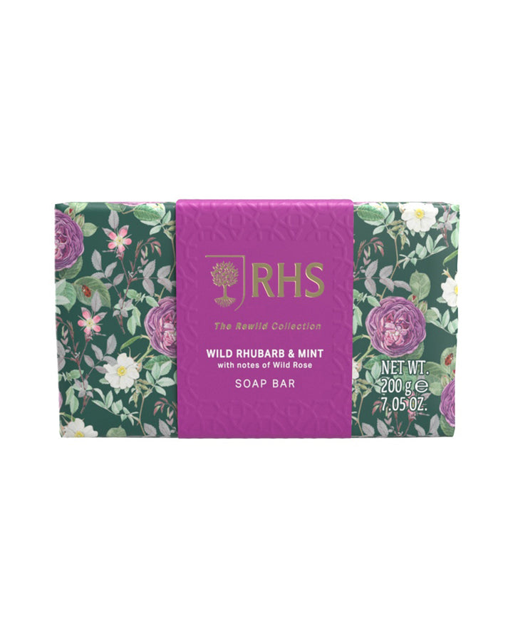 Soap bar with a pink packaging featuring floral designs and 'RHS' branding on a white background.