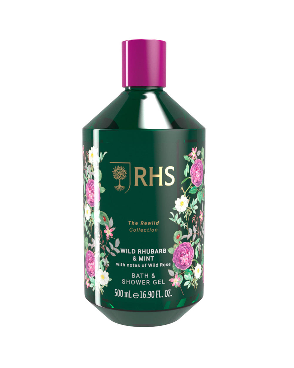 RHS shower gel bottle with floral design on a white background