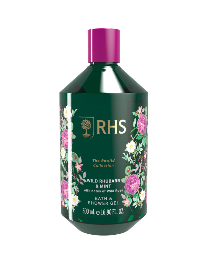 RHS shower gel bottle with floral design on a white background