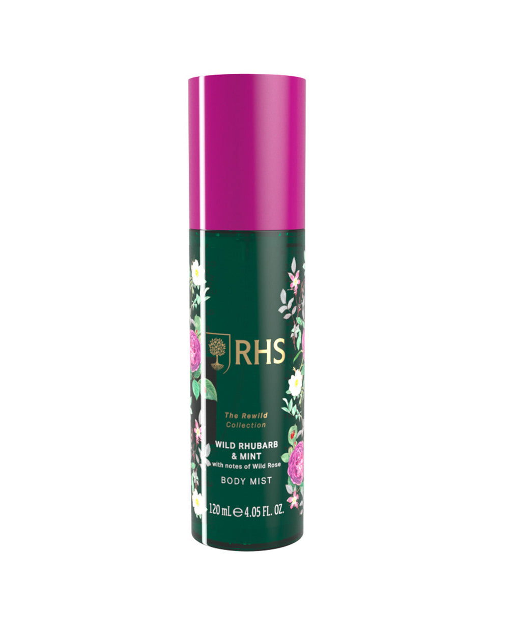 RHS body mist spray with floral design on a white background