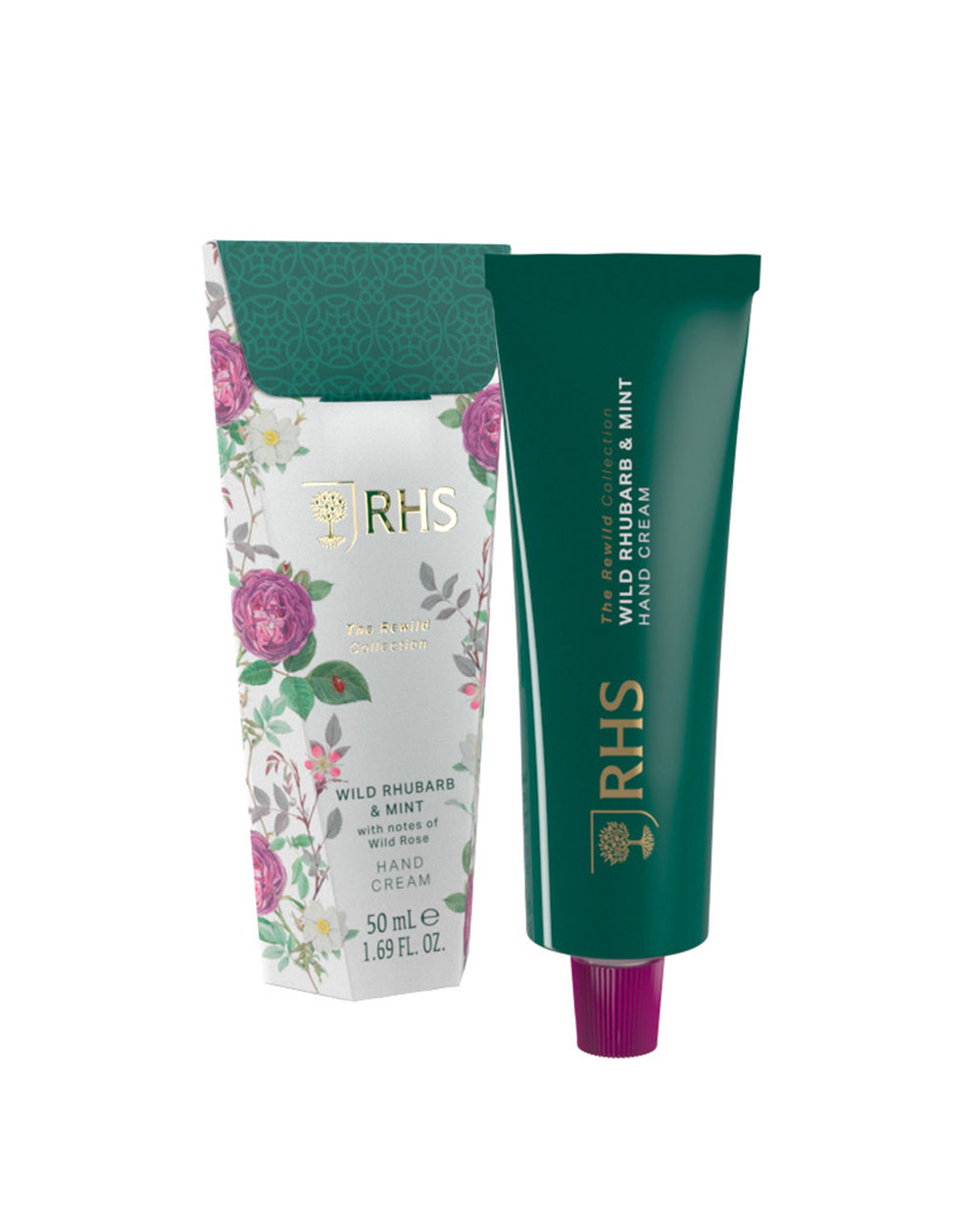 RHS hand cream with floral packaging on a white background