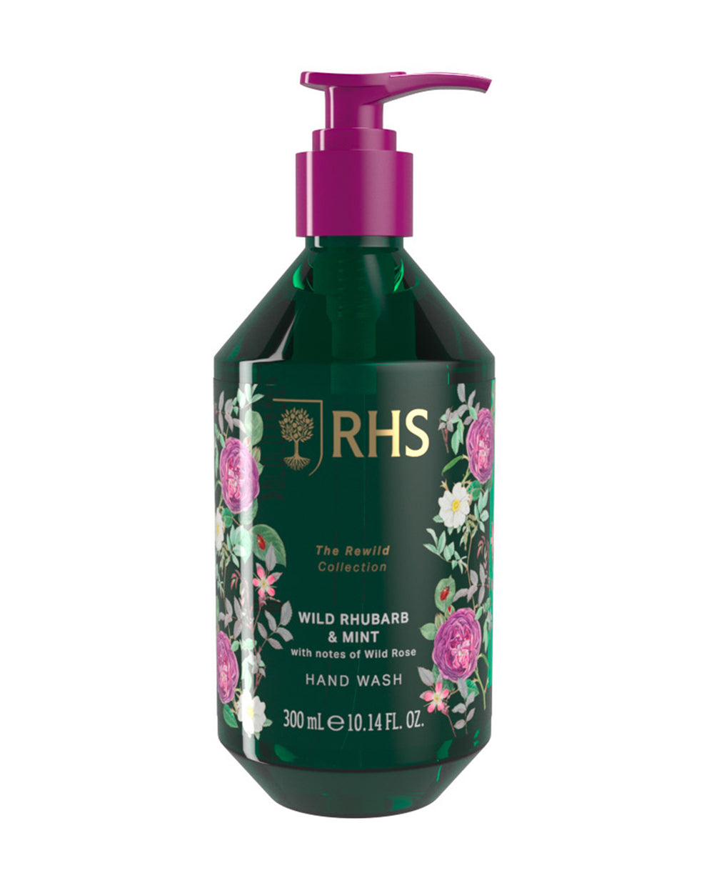Green hand wash bottle with floral design and purple pump on a white background