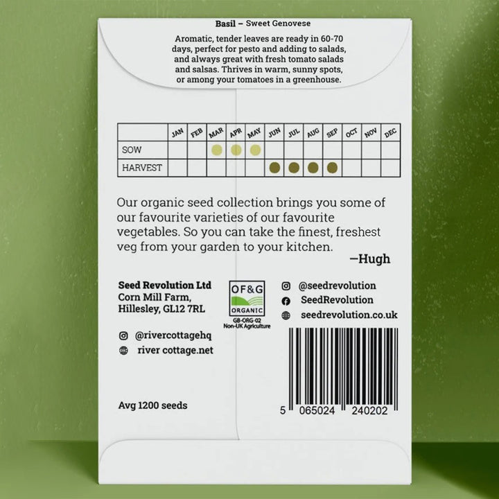 River Cottage Organic Basil Seeds - Sweet Genovese seed packet back