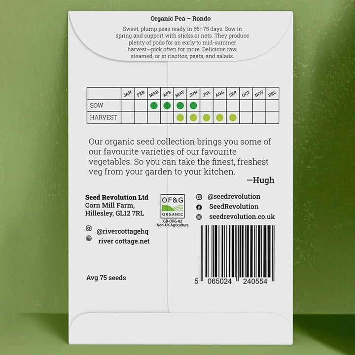 River Cottage Organic Pea Seeds - Rondo seed packet back