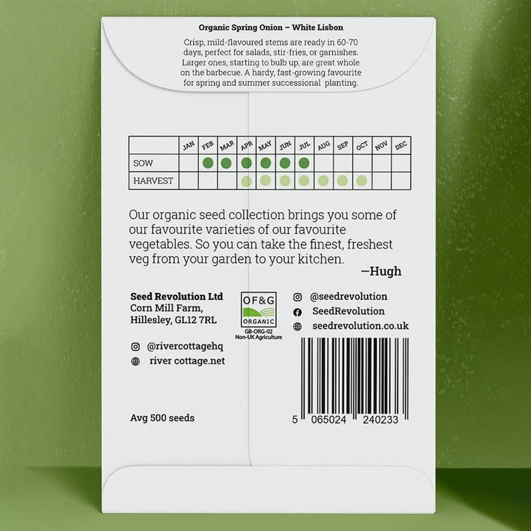 River Cottage Organic Spring Onion Seeds - White Lisbon seed packet back