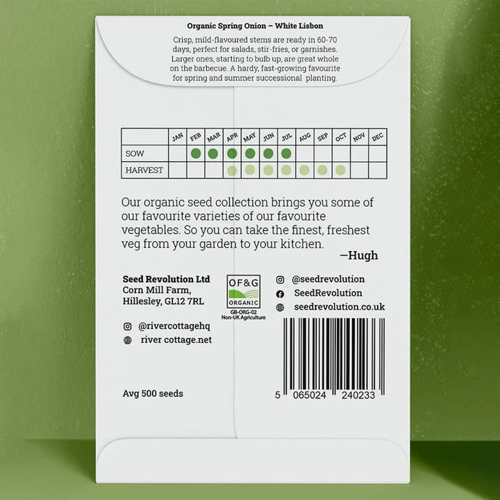 River Cottage Organic Spring Onion Seeds - White Lisbon seed packet back