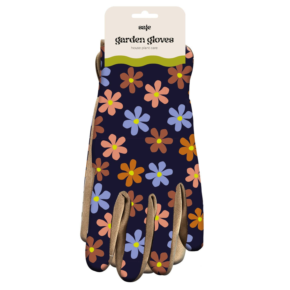 Pair of garden gloves with floral pattern on a white background