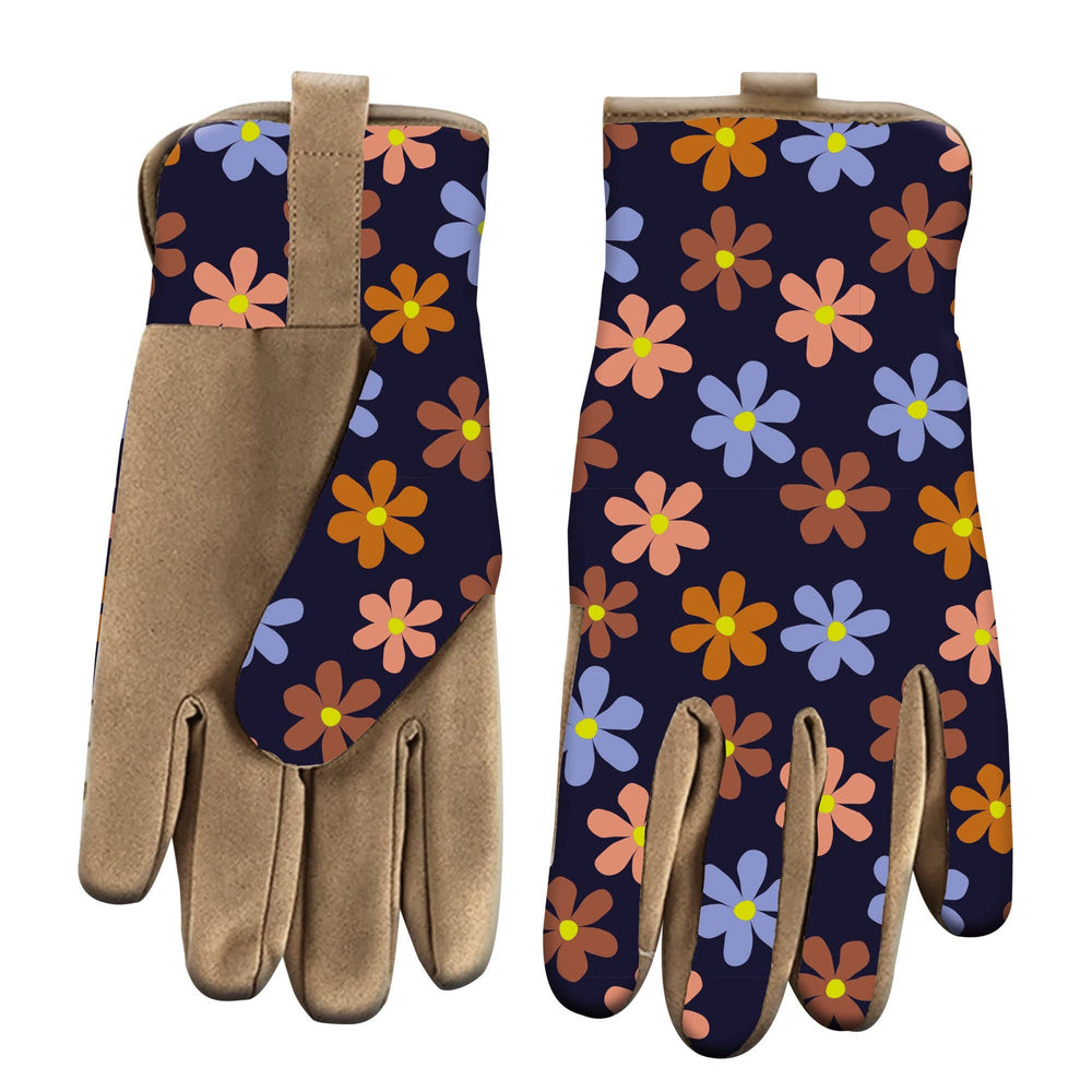 Pair of gardening gloves with floral pattern on a white background