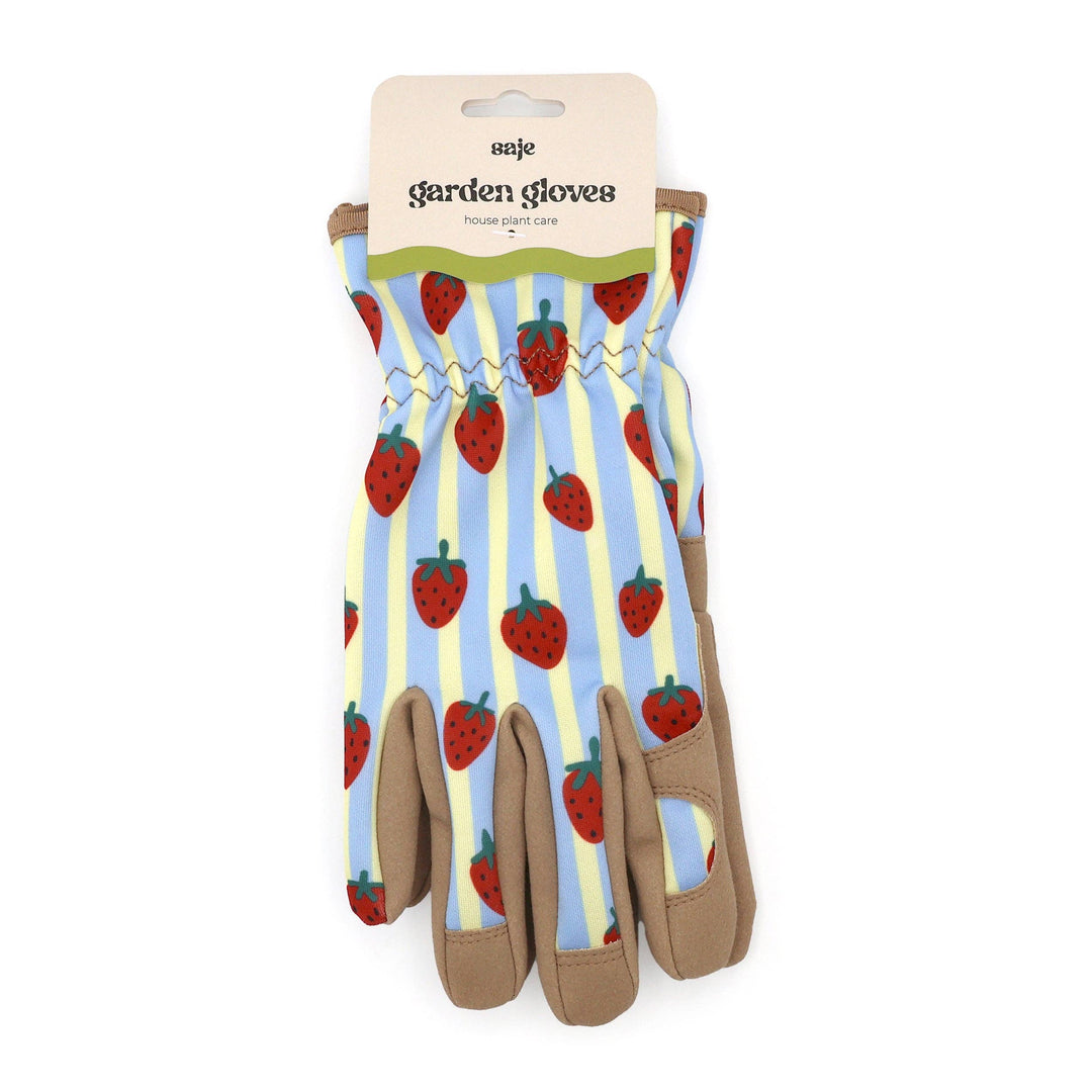 Gardening gloves with strawberry pattern on a white background