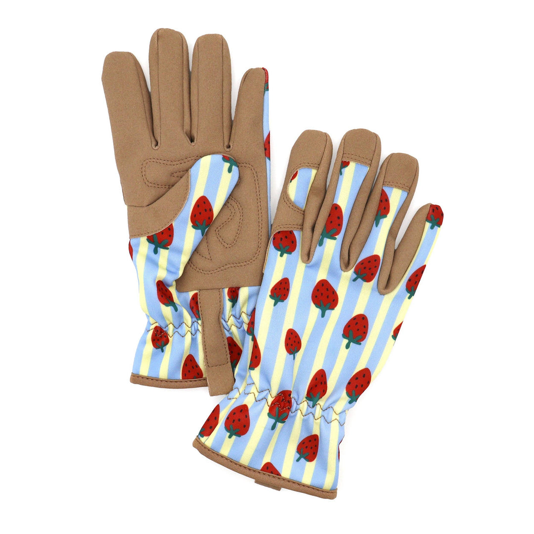 Pair of gloves with strawberry pattern on a white background