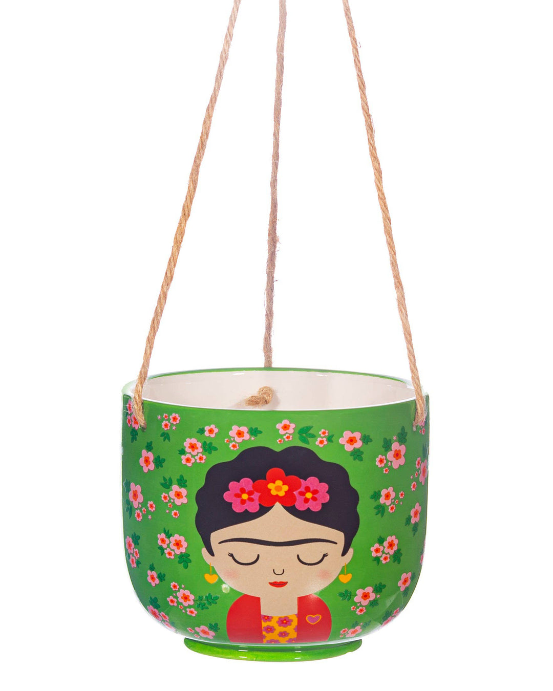 Hanging planter with a design of a face with flowers and floral patterns on a green background.