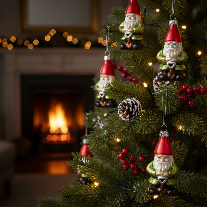 Glass gnome ornaments with red hat used to decorate a festive tree with pine cones and artificial berries in a room scene with an open fire in a grate