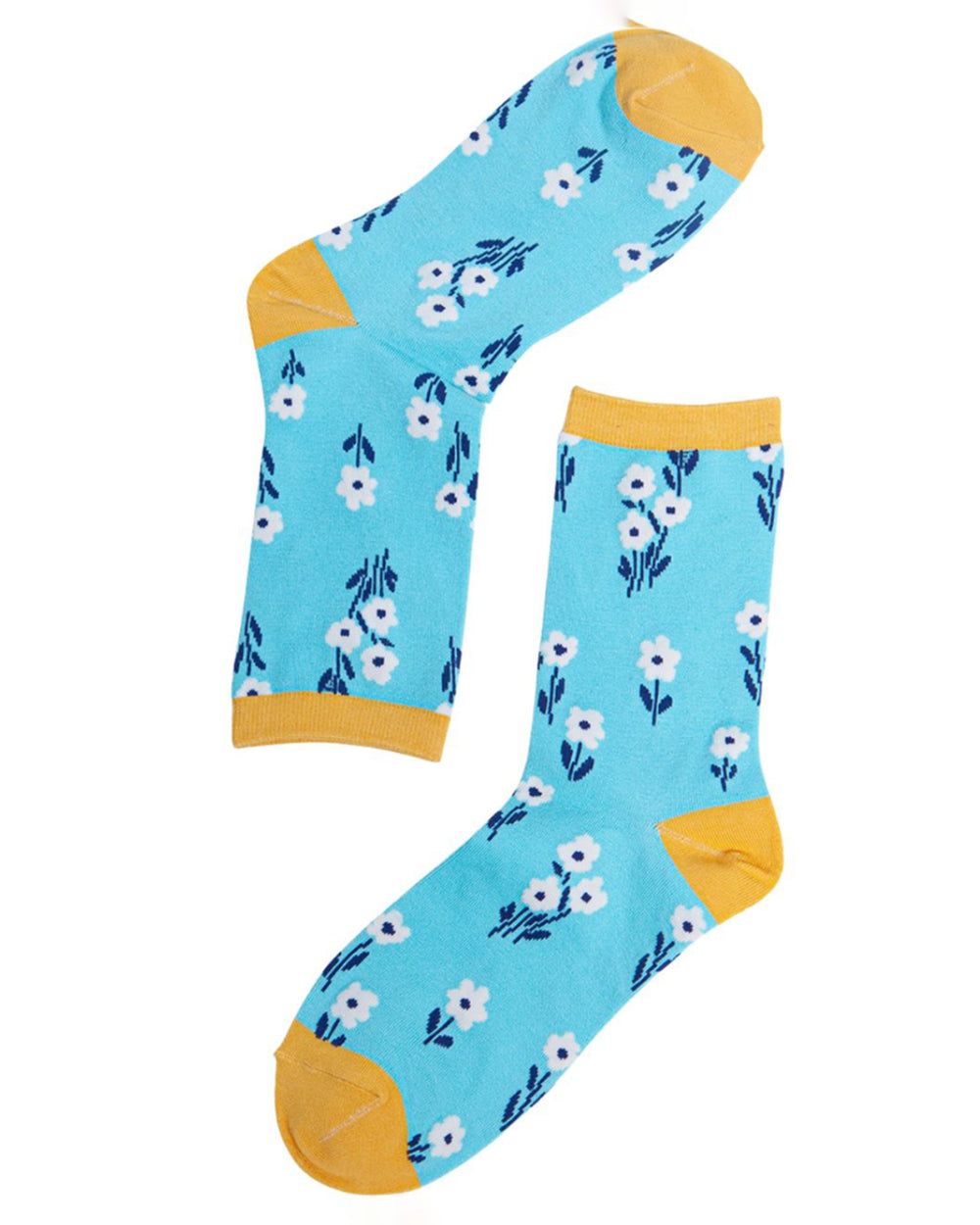 Blue socks with white floral pattern and yellow accents on a white background