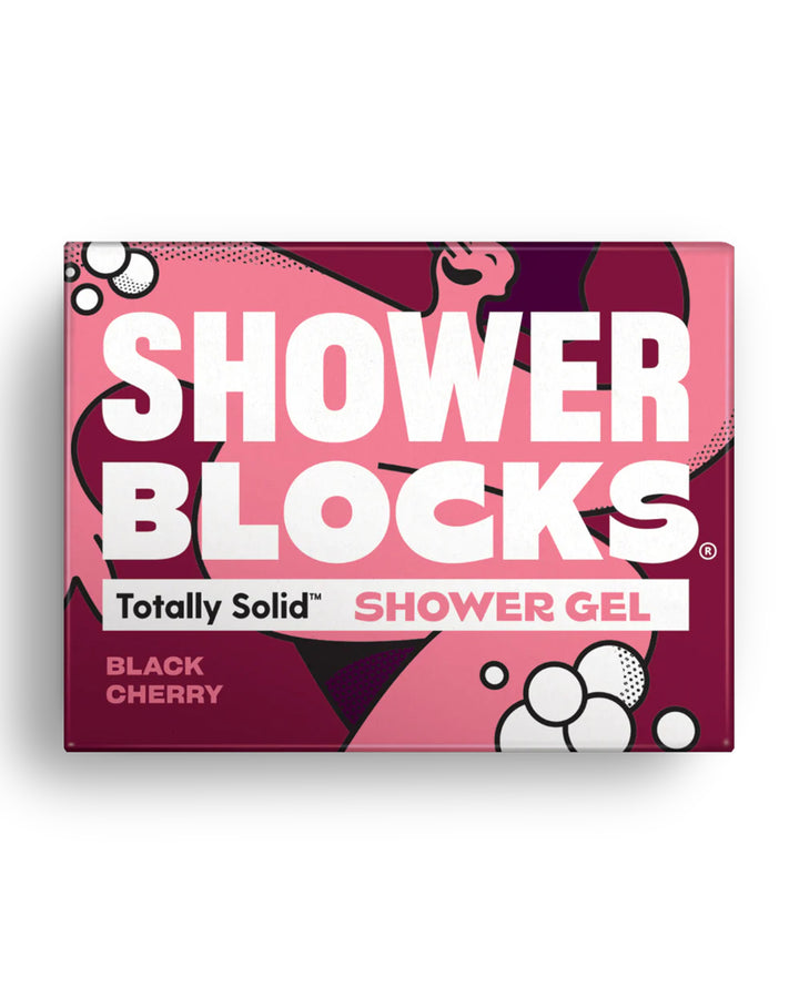 Box of Shower Blocks shower gel with black cherry flavor on a white background