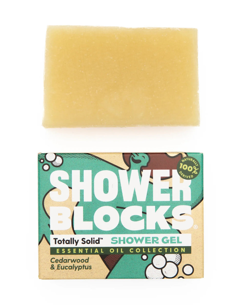 Bar of shower gel with packaging labeled 'Shower Blocks' on a white background