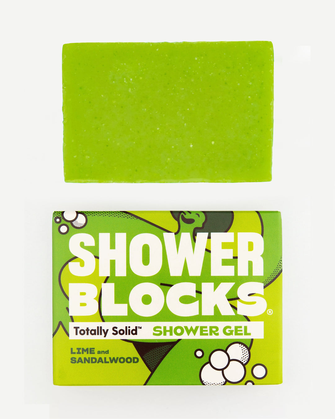 Green shower block with packaging labeled 'Shower Blocks' on a white background