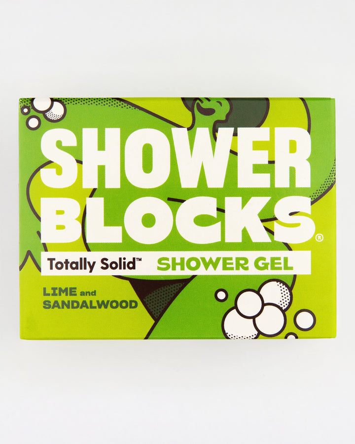 Shower Blocks shower gel packaging with lime and sandalwood scent on a white background