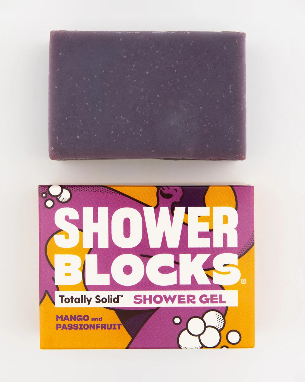 Bar of shower gel with packaging labeled 'Shower Blocks' on a white background