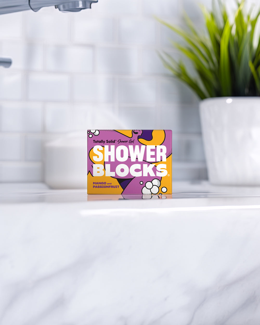 Box of 'Shower Blocks' on a bathroom counter with a plant in the background
