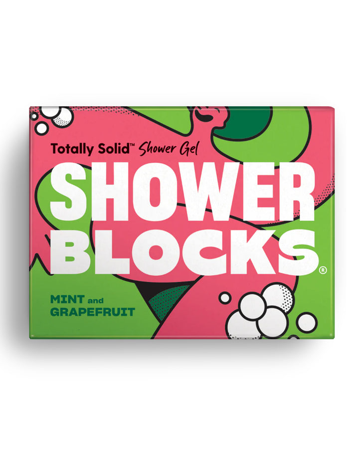 Box of Shower Blocks with pink and green design on a white background