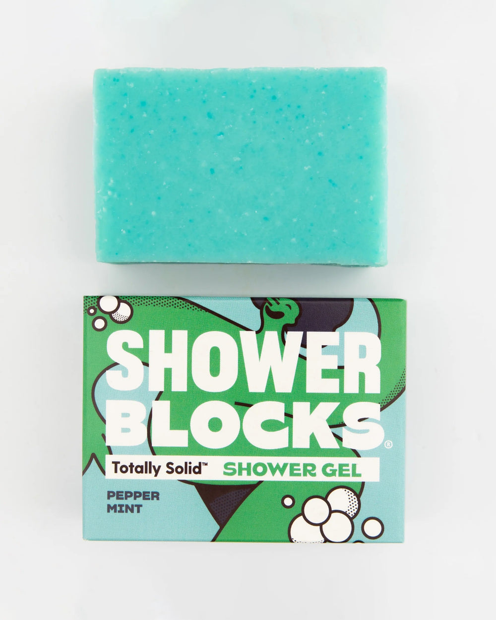 Teal shower block with packaging labeled 'Shower Blocks' on a white background