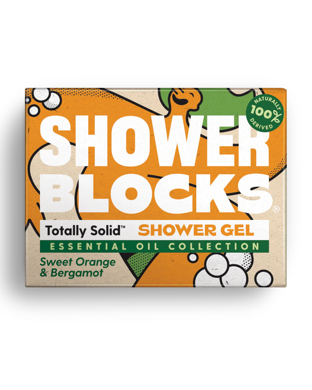 Box of Shower Blocks shower gel with orange and green design on a white background