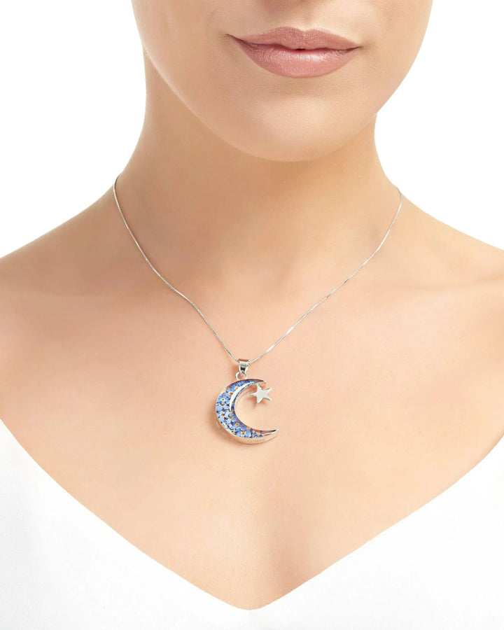 Shrieking Violet Moon & Star Sterling Silver Forget-Me-Nots Pendant Necklace