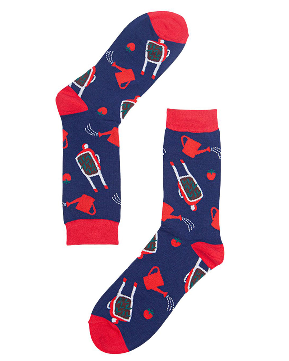 Pair of socks with gardening-themed design on a white background