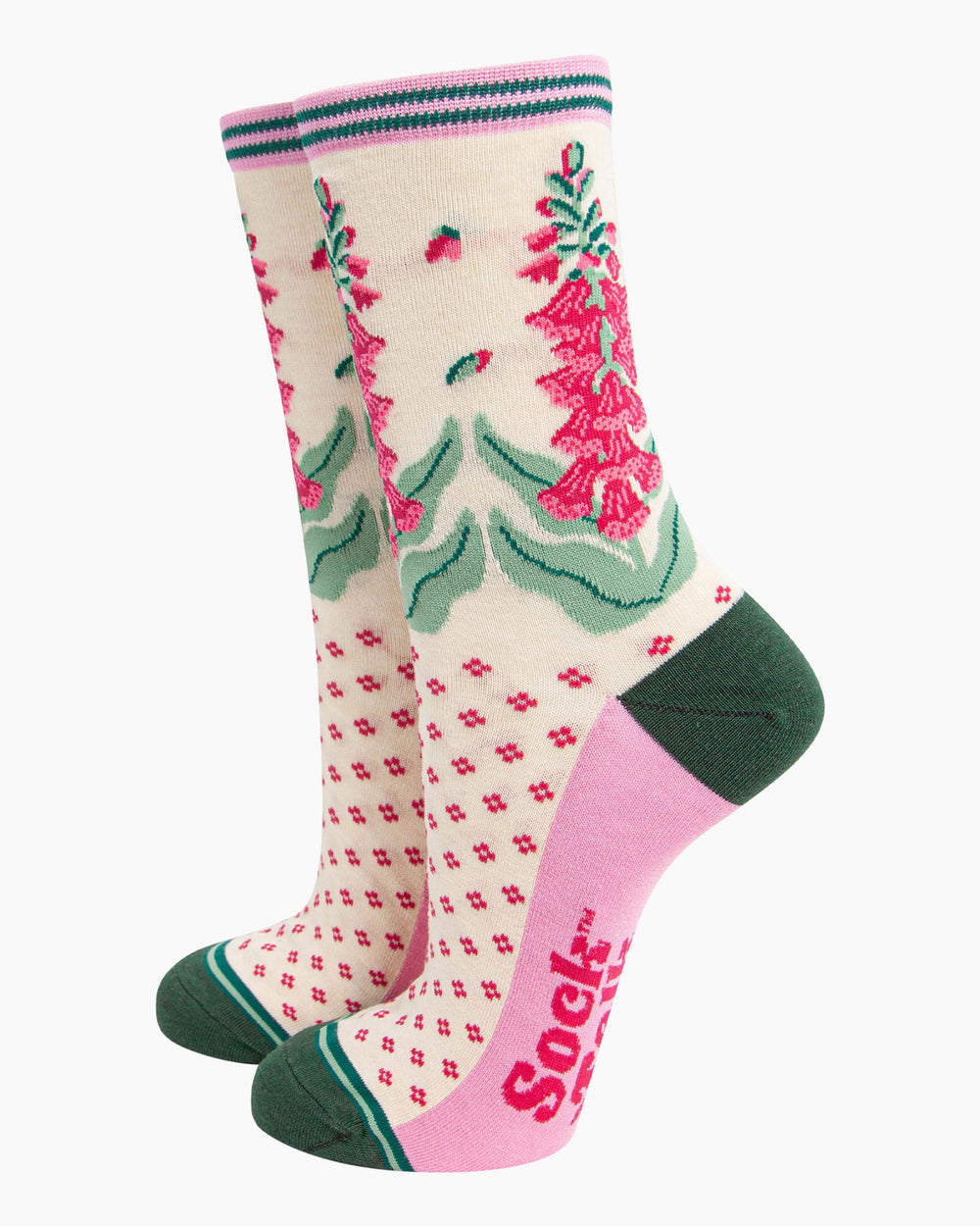 Floral patterned socks with pink and green accents on a white background