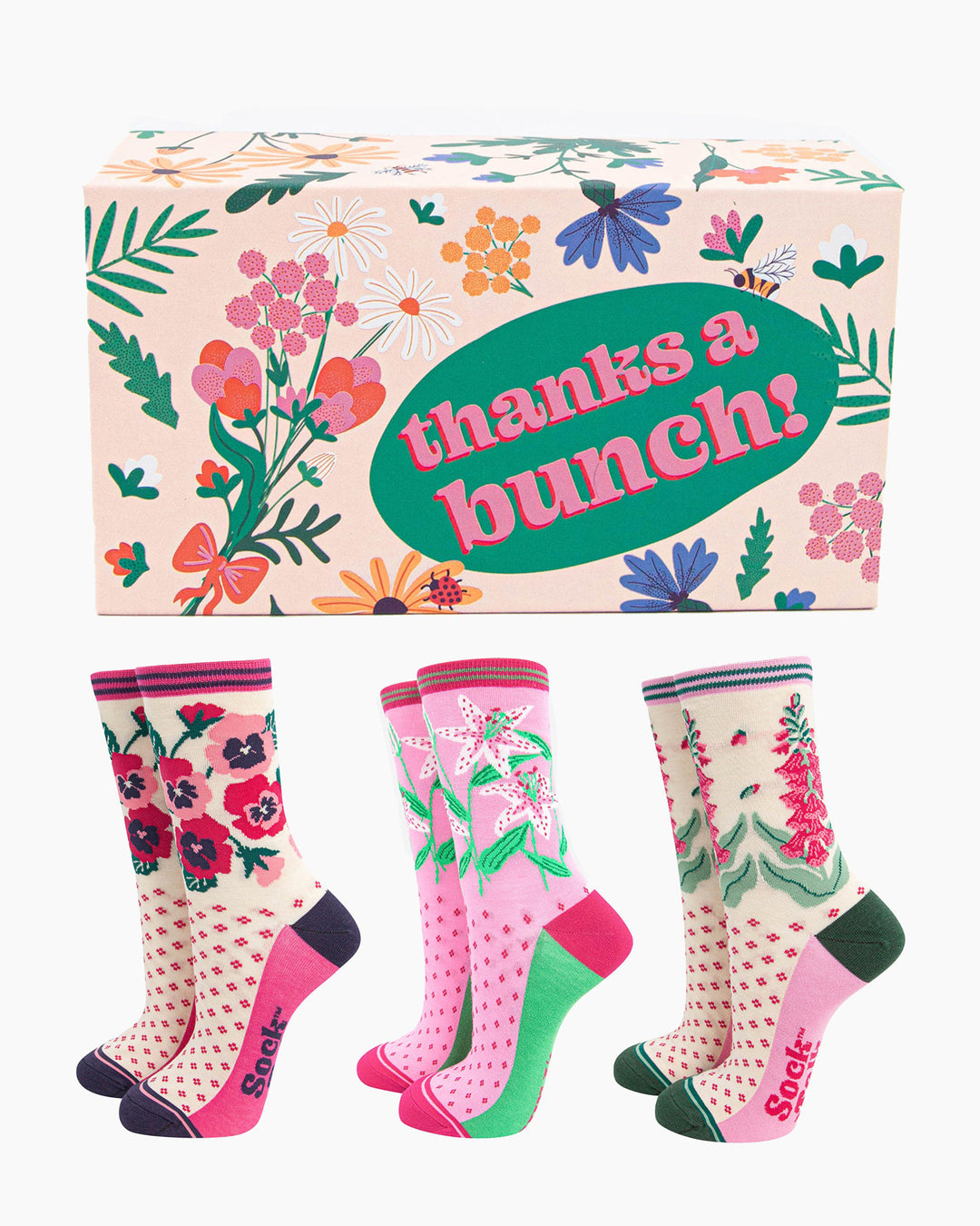 Set of floral-patterned socks with a decorative box labeled 'thanks a bunch!' on a white background.