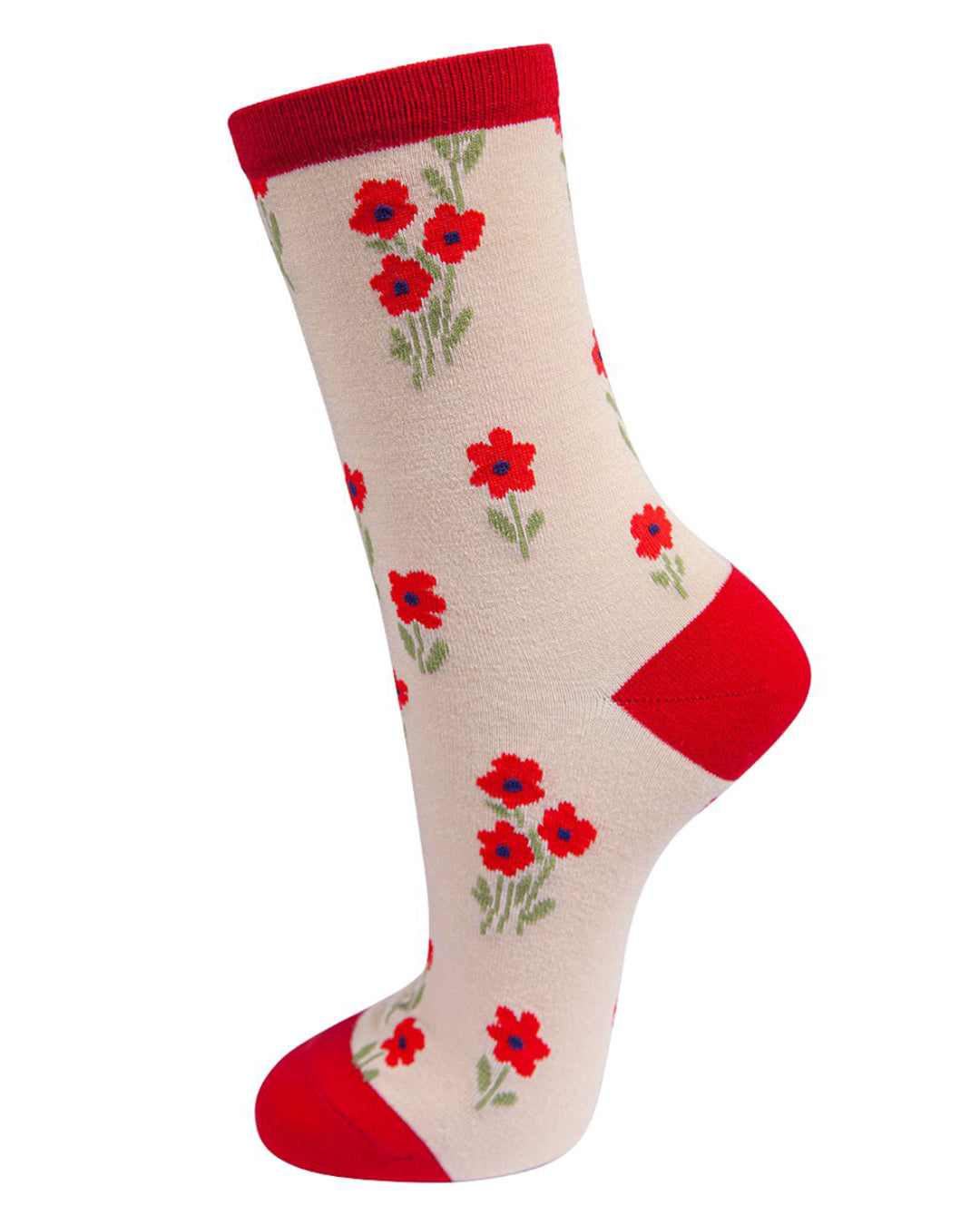Beige sock with red floral pattern and red cuff on a white background
