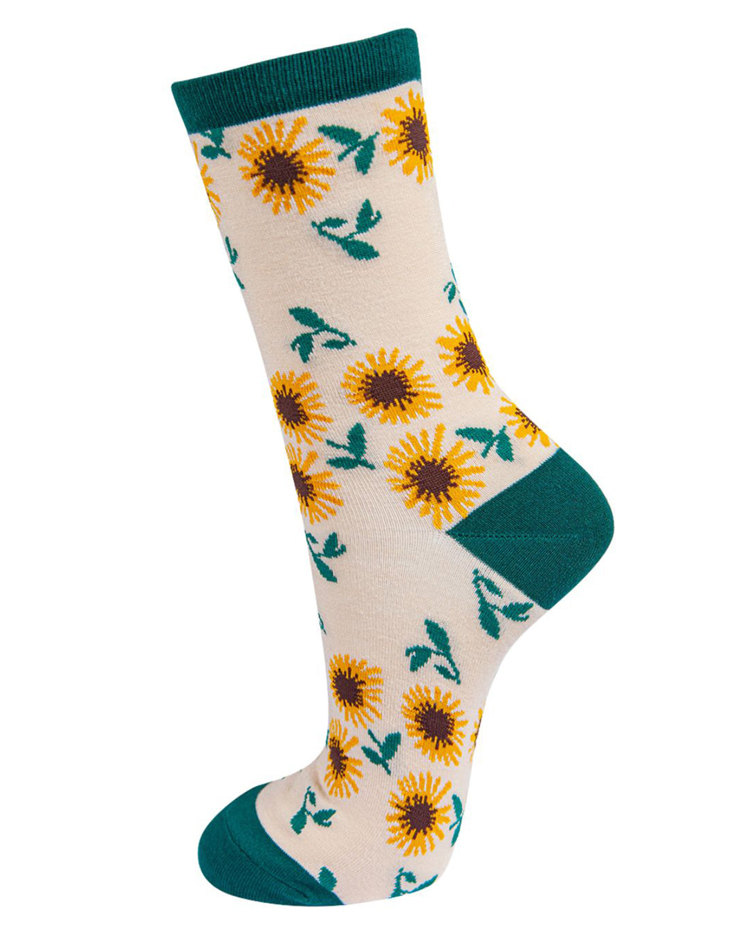 Sock with sunflower pattern on a white background