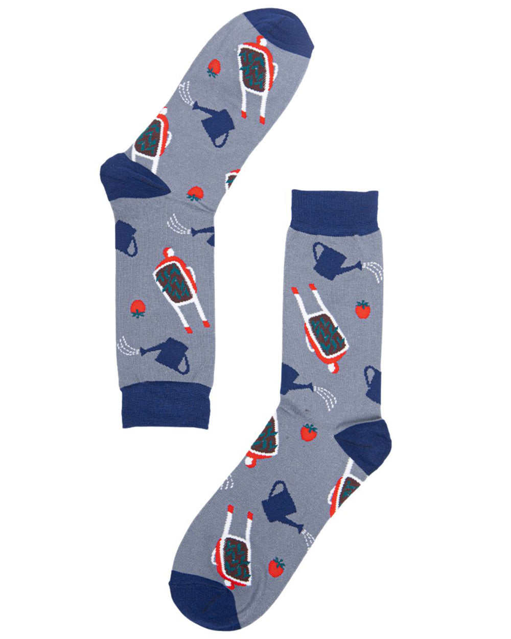 Gray socks with gardening-themed design on a white background