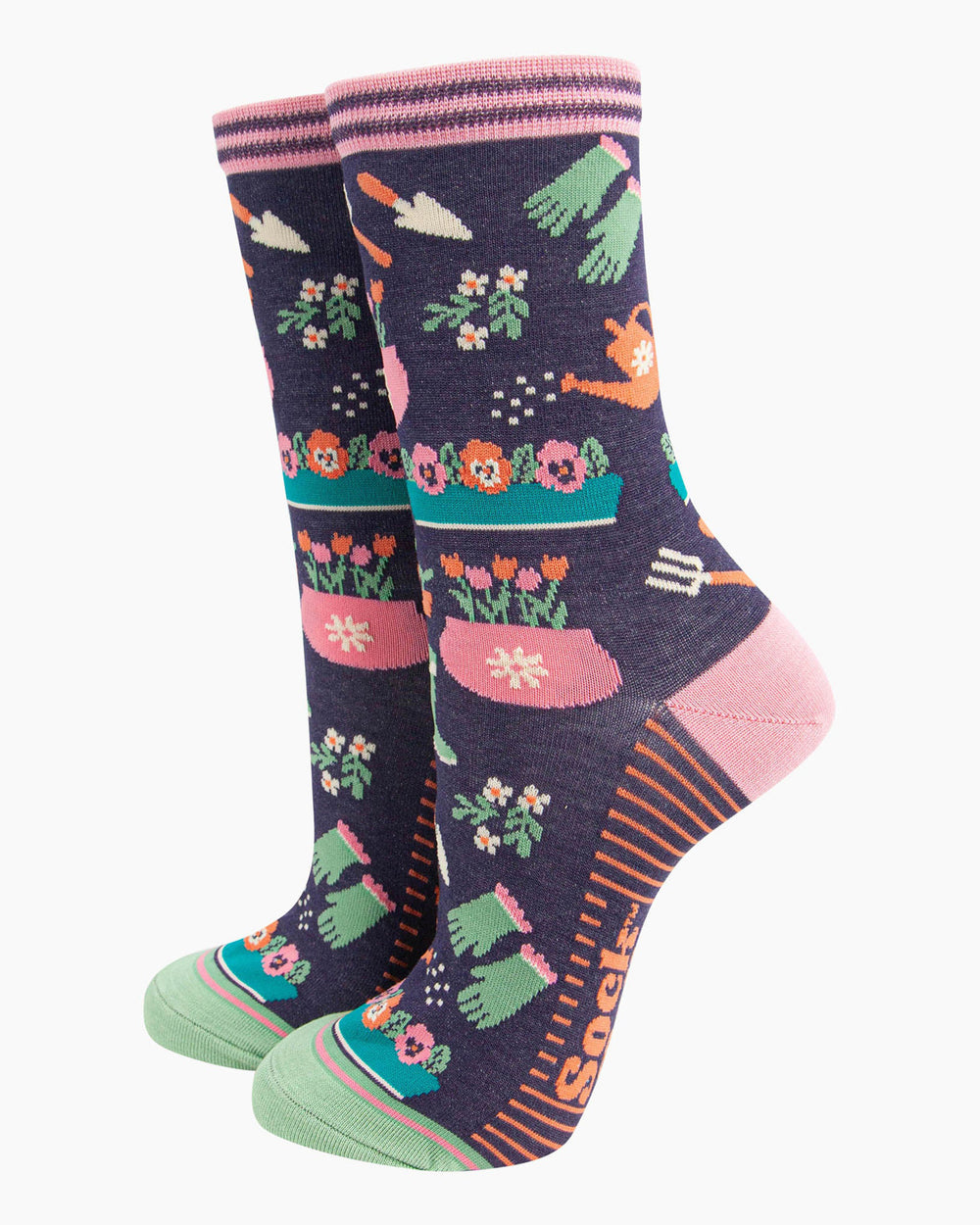 Pair of socks with colorful patterns on a white background