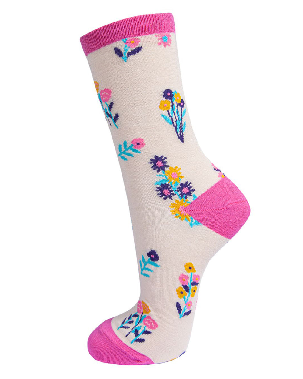 Floral-patterned sock with pink accents on a white background