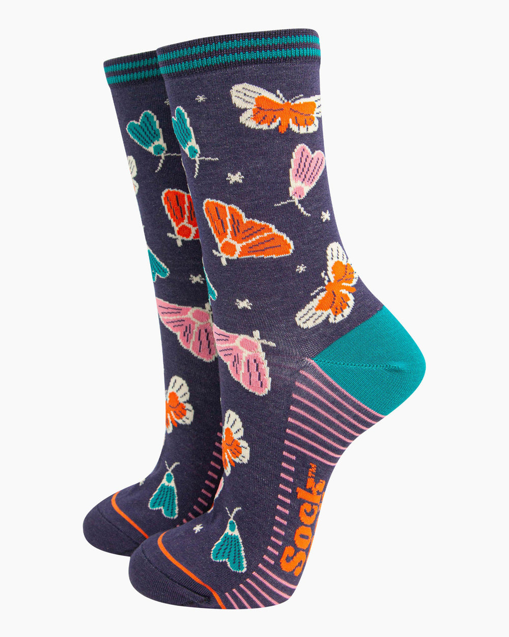 Pair of socks with butterfly design on a white background