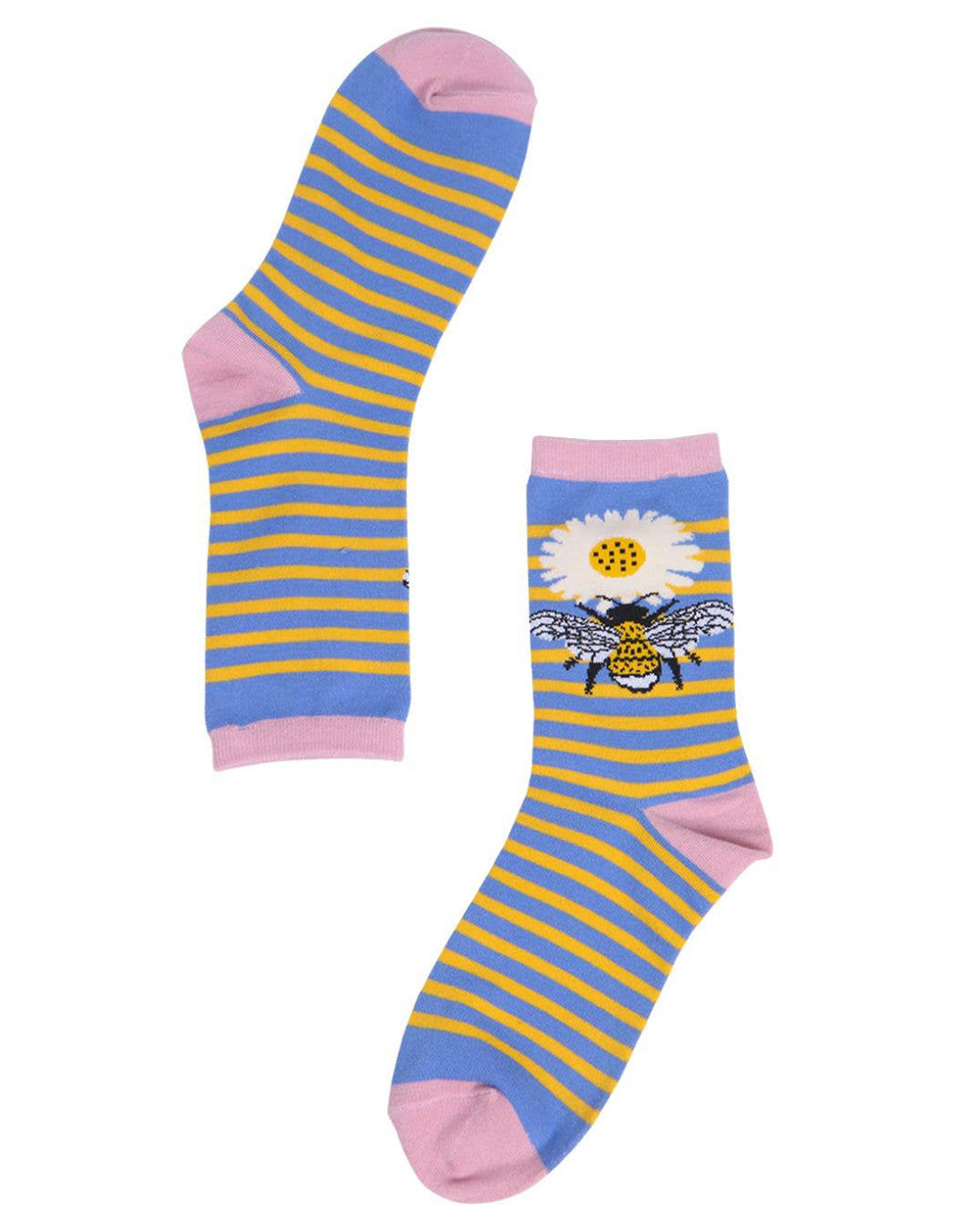 Striped socks with a bee and flower design on a white background