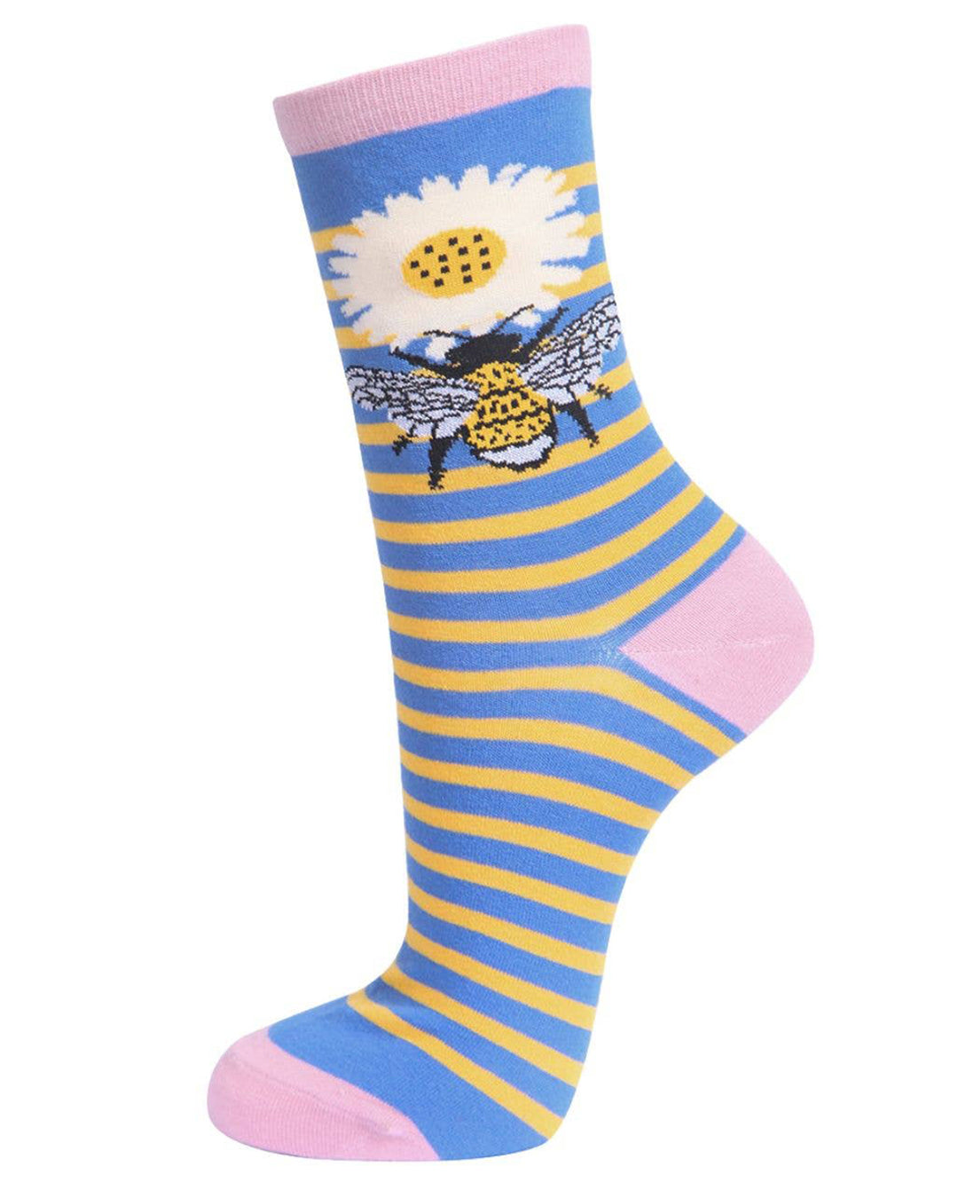 Colorful sock with a bee and flower design on a white background