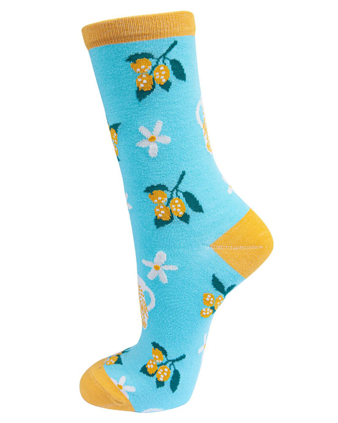 Light blue sock with yellow accents and floral patterns on a white background
