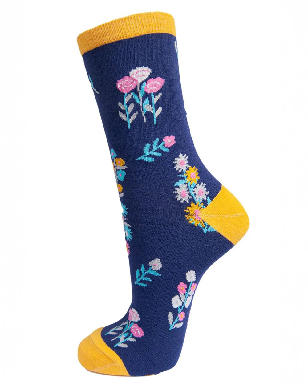 Navy sock with floral patterns and yellow accents on a white background
