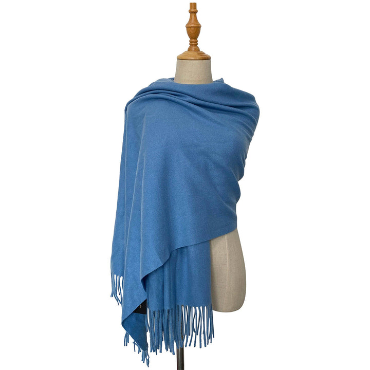 Soft Wool Blend Denim Blue Tassel Edge Pashmina Wrap