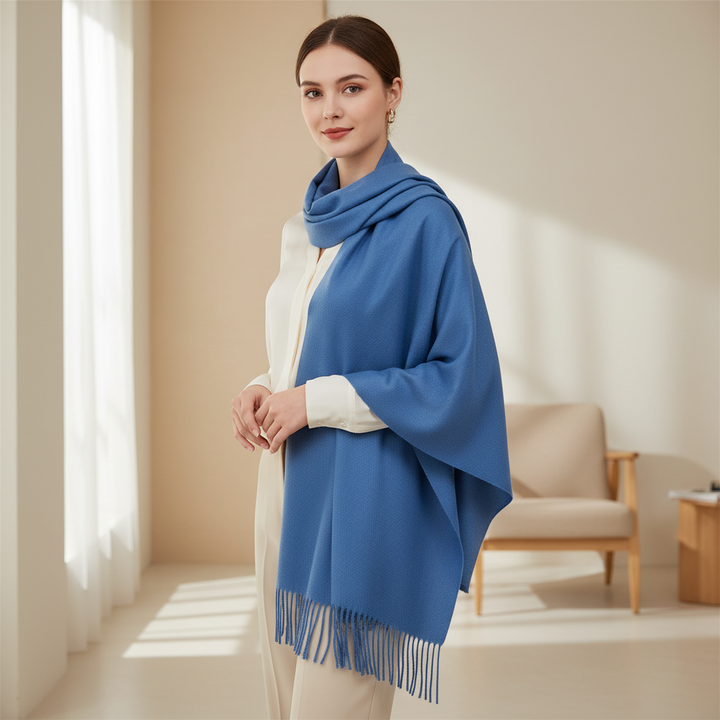Soft Wool Blend Denim Blue Tassel Edge Pashmina Wrap